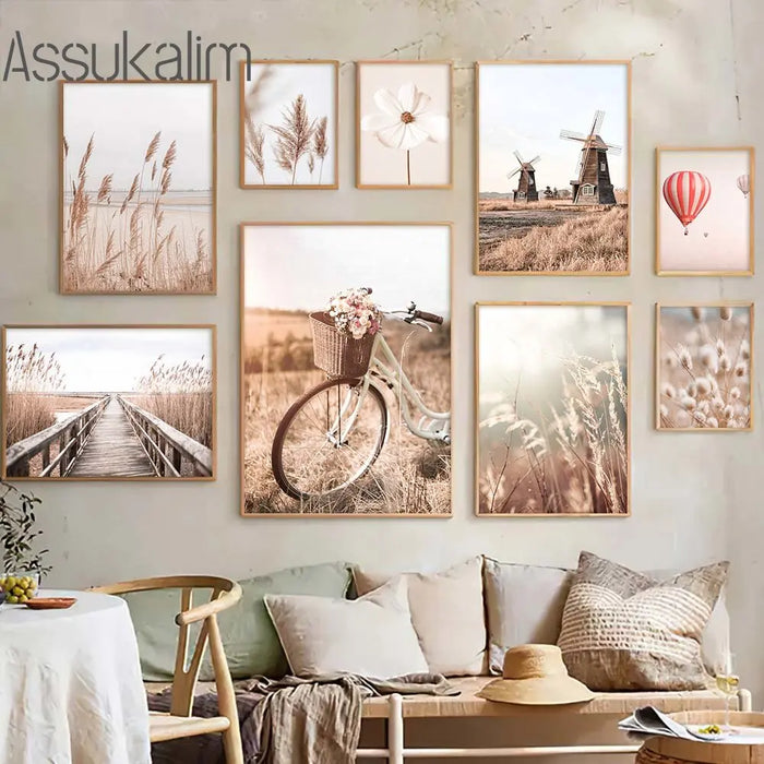 Tableau toile beige paysage vélo orchidée pissenlit
