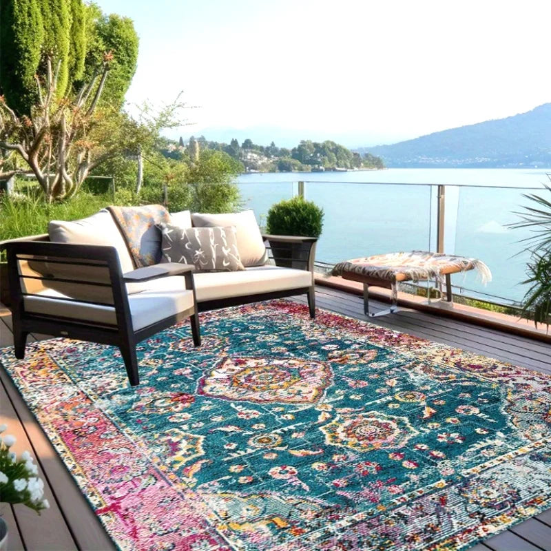 Tapis bohème rectangulaire jaune motif géométrique pour terrasse