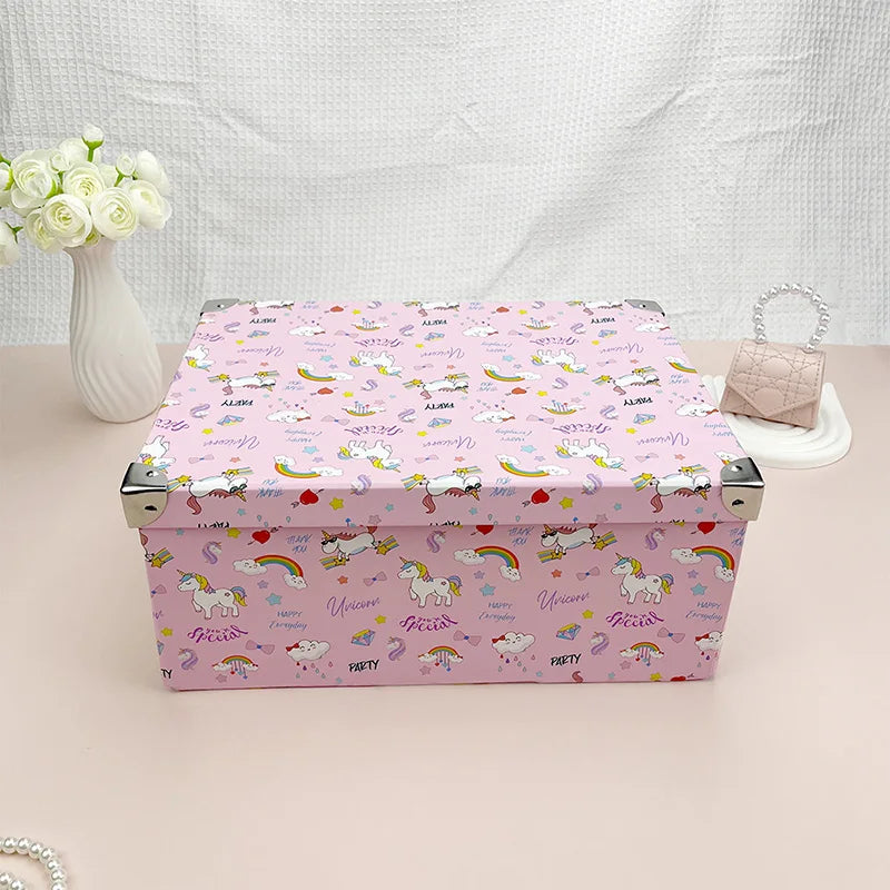 Boîte de rangement pliante en carton arc-en-ciel poney rose