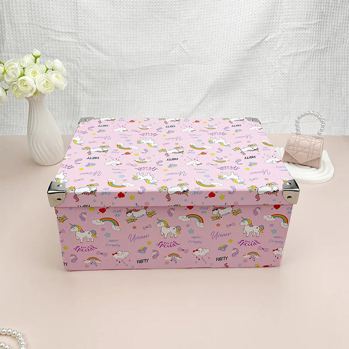 Boîte de rangement pliante en carton arc-en-ciel poney rose