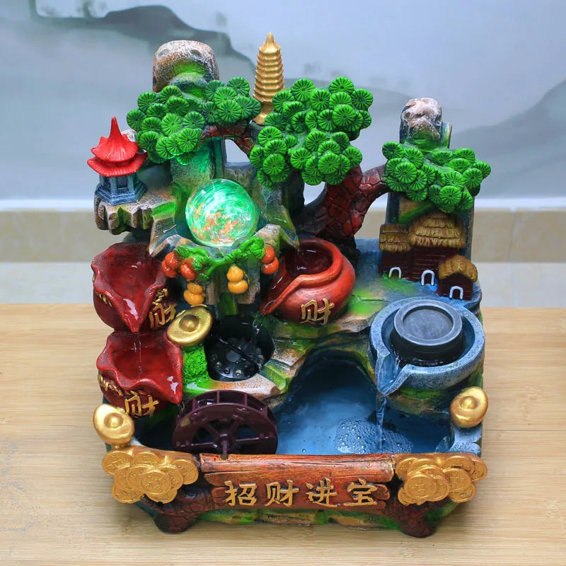 Une scène fantaisiste miniature avec des éléments décoratifs traditionnels chinois, comprenant des pagodes, des arbres stylisés et des symboles de bonne fortune.