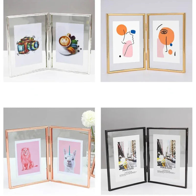 Cadre photo double pliable en verre transparent et métal de style nordique