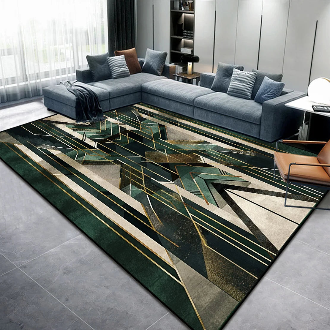 Un tapis aux motifs géométriques en vert et doré qui apporte une touche de sophistication à un salon moderne.