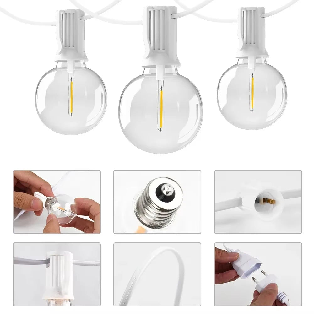 Guirlande LED G40 15 mètres éclairant un balcon la nuit