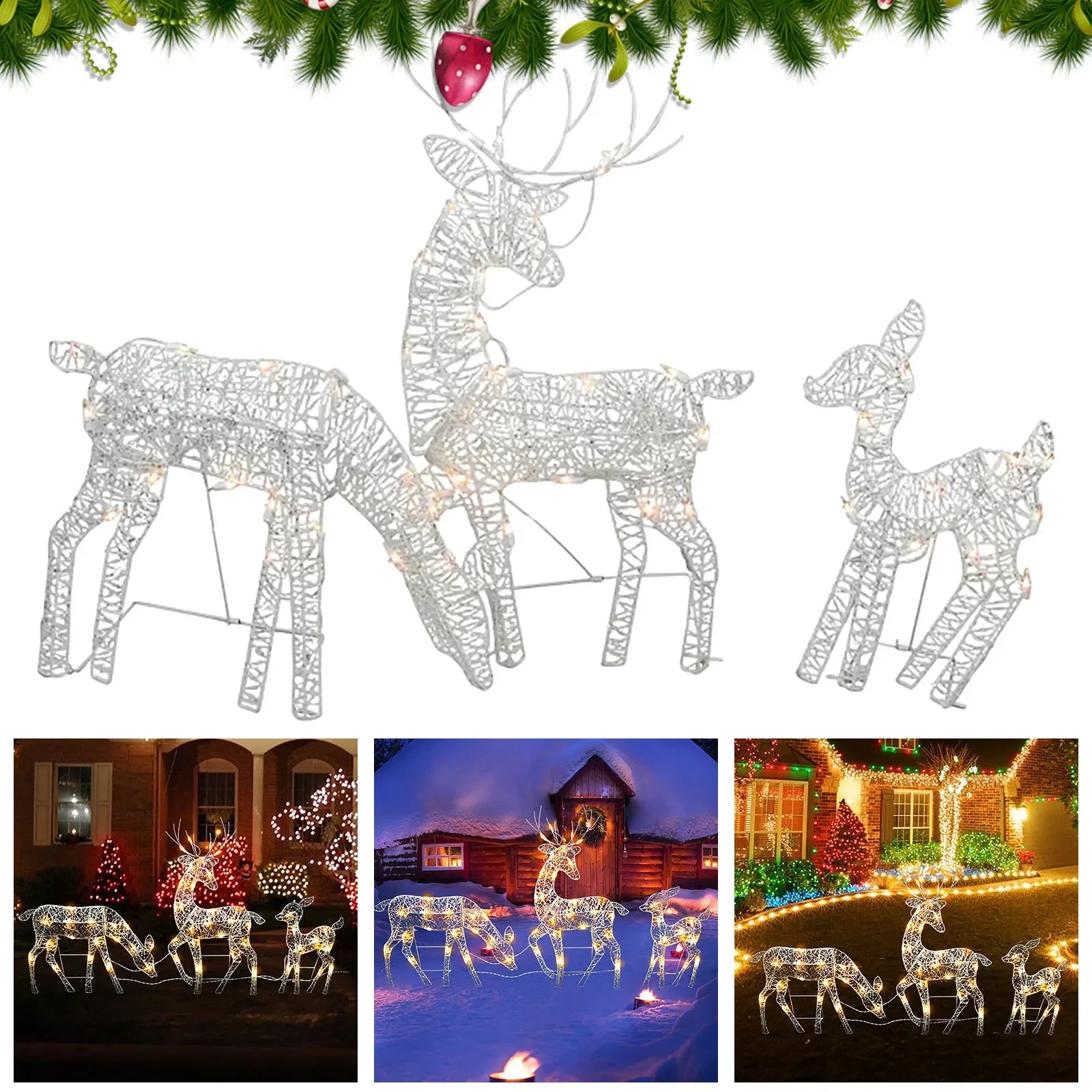 Lot de 3 rennes lumineux LED bleus pour décoration Noël extérieur