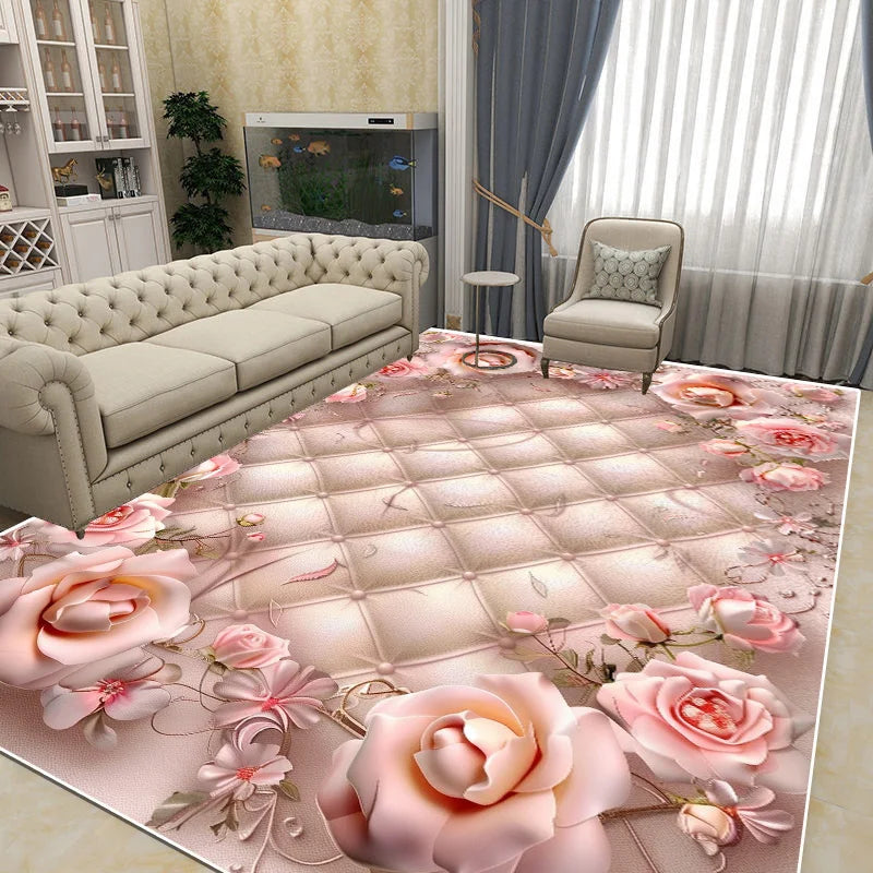 Le tapis rose orné de fleurs délicates et de motifs élégants crée une atmosphère chaleureuse et raffinée dans cette pièce élégante.