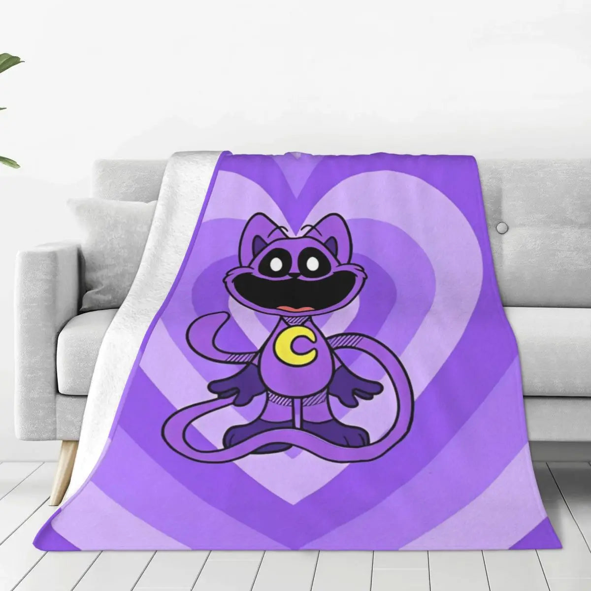 Couverture polaire corail motif cœur chat souriant violette