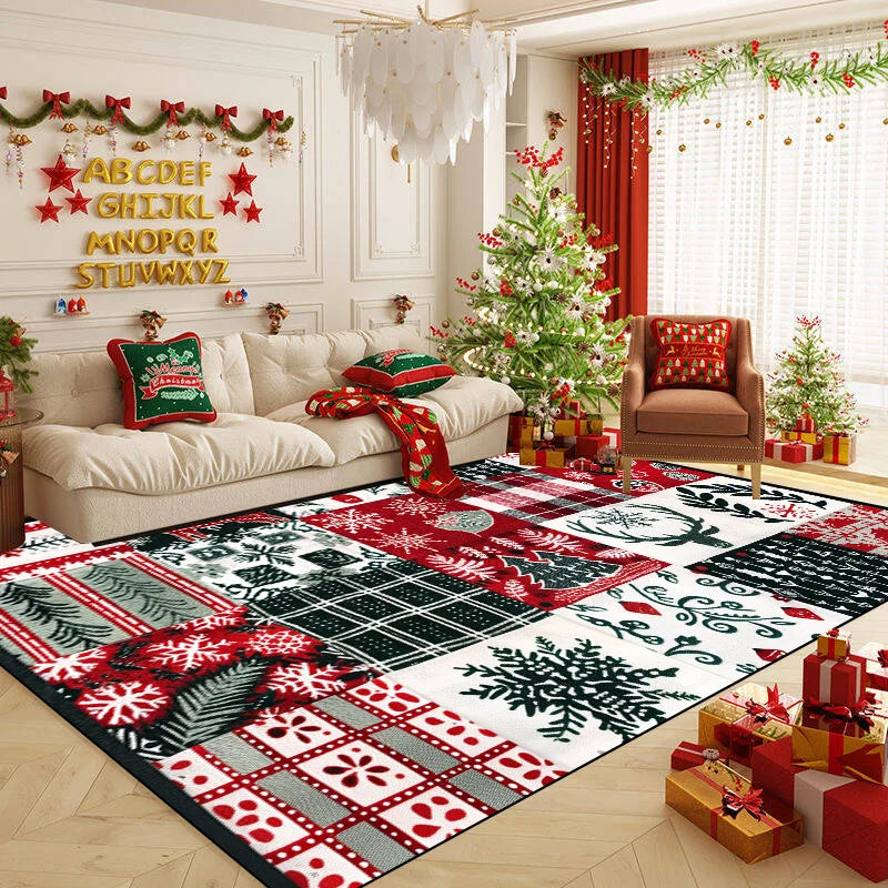 Un salon festif et cosy décoré pour Noël, avec un sapin illuminé, des guirlandes, des coussins et un tapis aux motifs festifs, créant une ambiance chaleureuse et joyeuse pour les fêtes.
