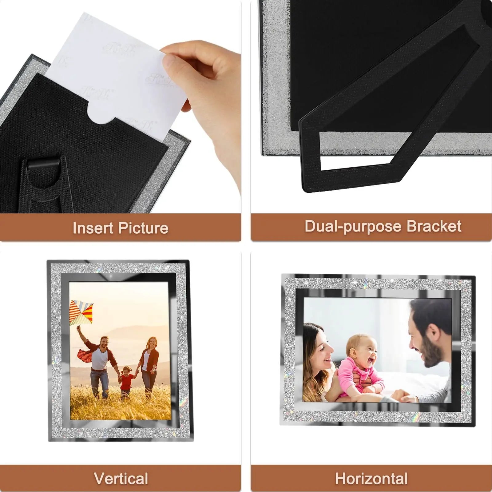 Cadre photo en verre cristal avec bord argenté sous différents angles