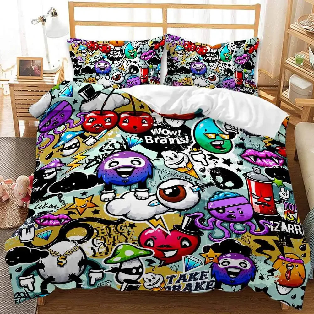 Ensemble literie 3 pièces housse de couette et taies d'oreiller graffiti