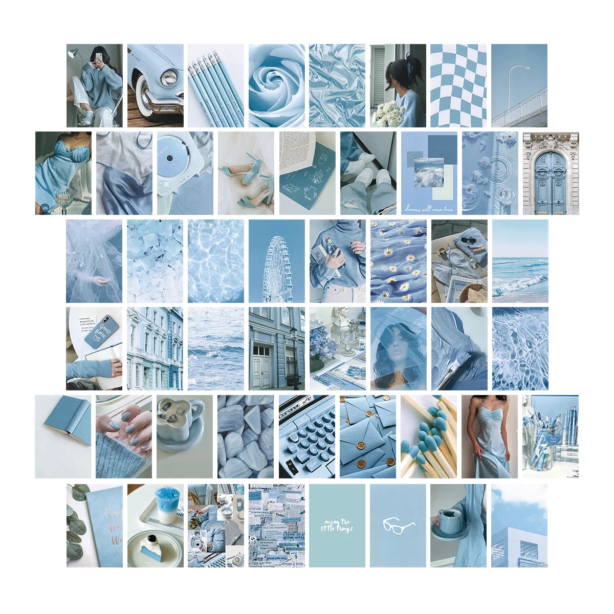 Kit de 50 cartes postales murales bleues pour chambre ado
