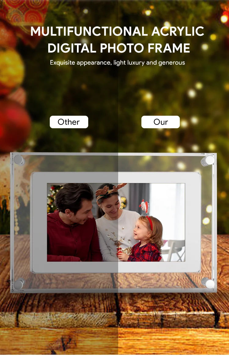 Cadre photo numérique en fonctionnement avec vidéo et son dans un salon