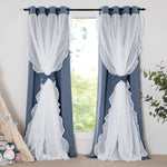 Rideaux élégants pour salon, combinaison de couleurs bleu et blanc, design moderne avec nœuds décoratifs, ajout de style et luminosité à la décoration intérieure, idéal pour chambres et salons.