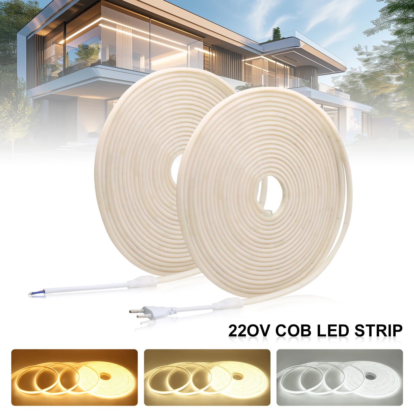 Ruban LED COB 220V 10m étanche IP67 déroulé montrant sa flexibilité