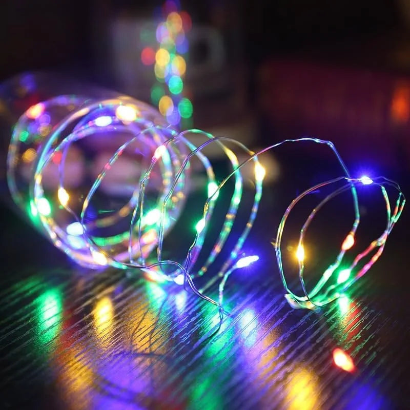 Guirlande lumineuse LED multicolore dans un jardin de nuit