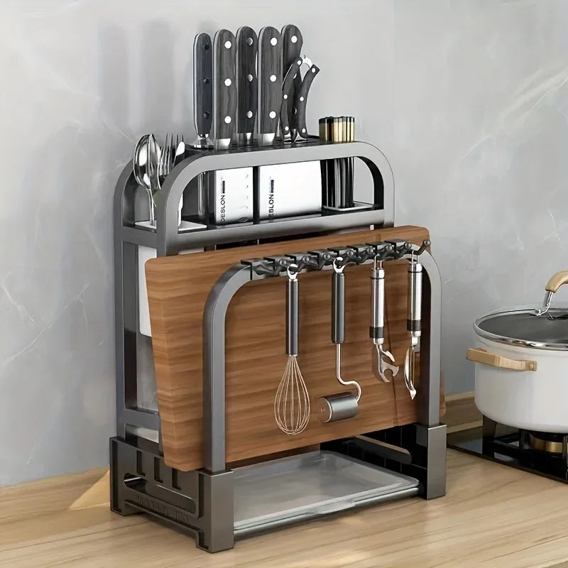 Porte-couteau acier inoxydable avec support planche à découper gris clair