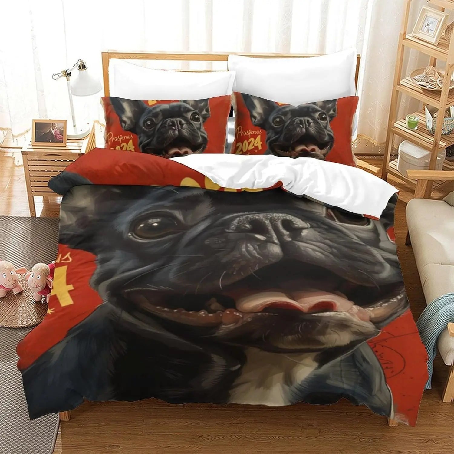 Chambre décorée avec housse de couette Bouledogue français et accessoires assortis