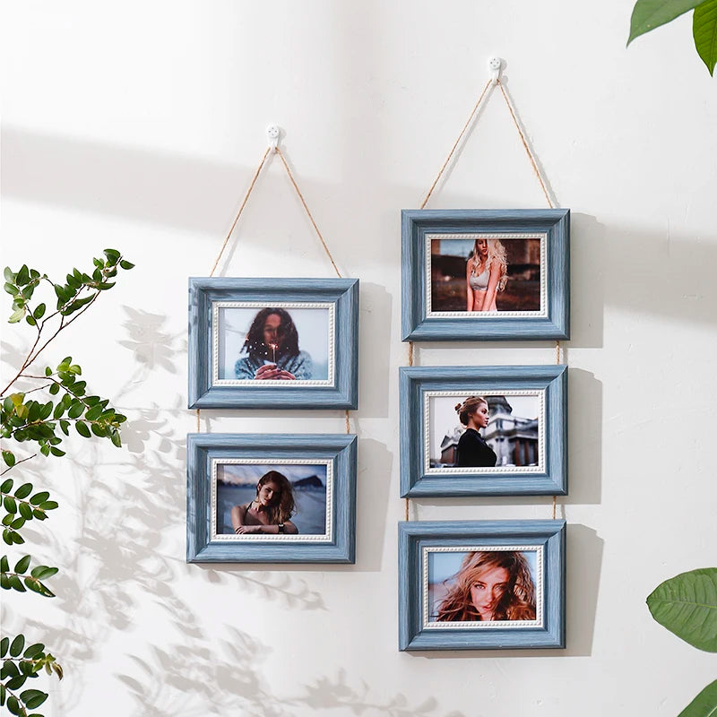 Cadre photo suspendu bleu 4/3/2 - Décoration murale rétro multi-cadre