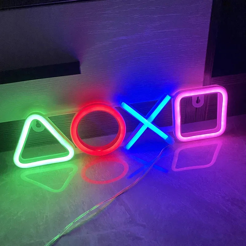 Lampe néon manette de jeu dans une salle de jeux