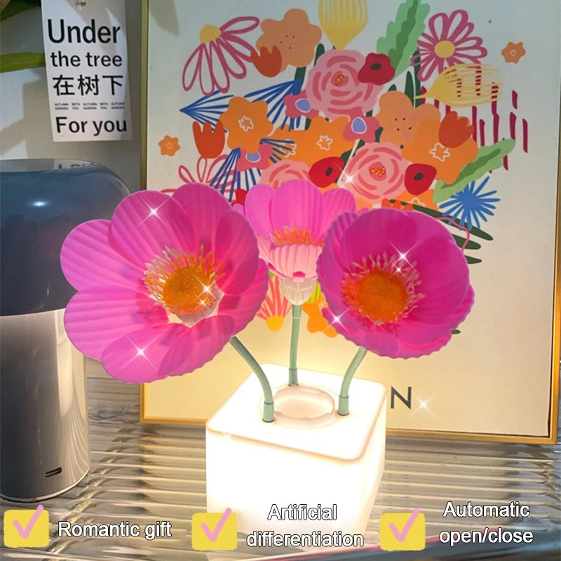 Veilleuse fleur jaune sur table de nuit ambiance tamisée