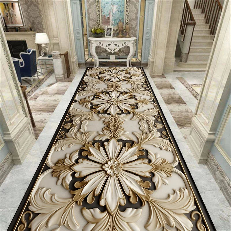 Somptueux tapis d'entrée orné de motifs floraux en relief, créant une atmosphère d'élégance et de luxe dans cet intérieur raffiné.