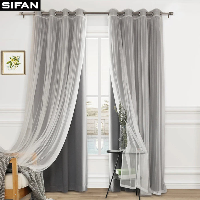 Rideau occultant double couche violet dans un salon moderne
