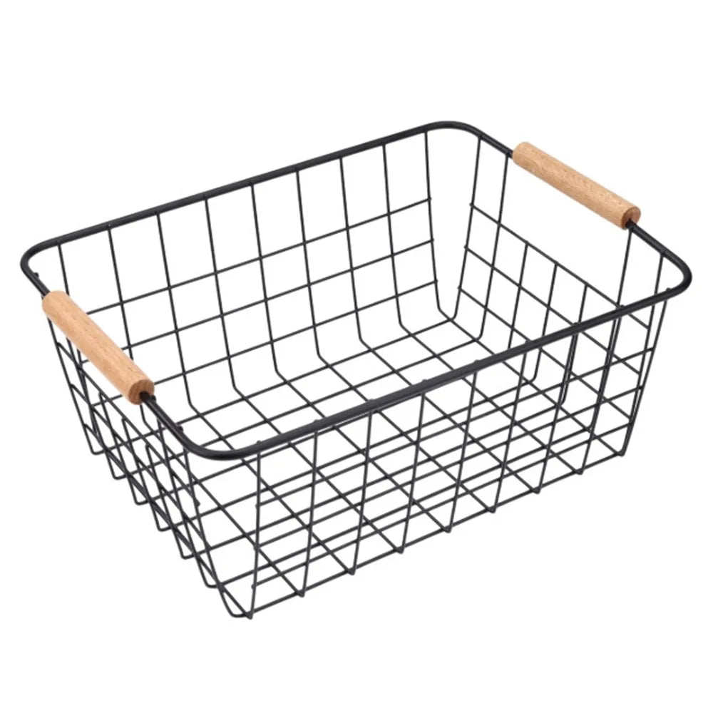 Panier de rangement métal blanc avec poignée bois