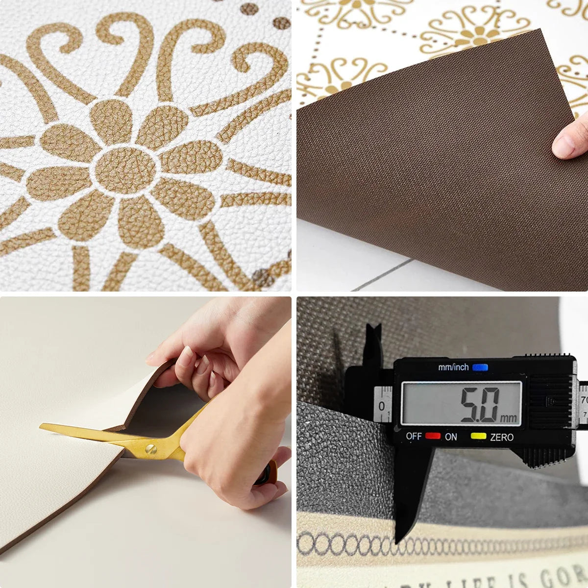Ce collage d'images présente différents éléments décoratifs et techniques de mesure, suggérant une conception d'intérieur ou une fabrication sur mesure.