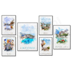 Une collection de toiles aquarelles représentant des vues panoramiques de destinations touristiques comme Istanbul, Berne, Cappadoce et Interlaken.