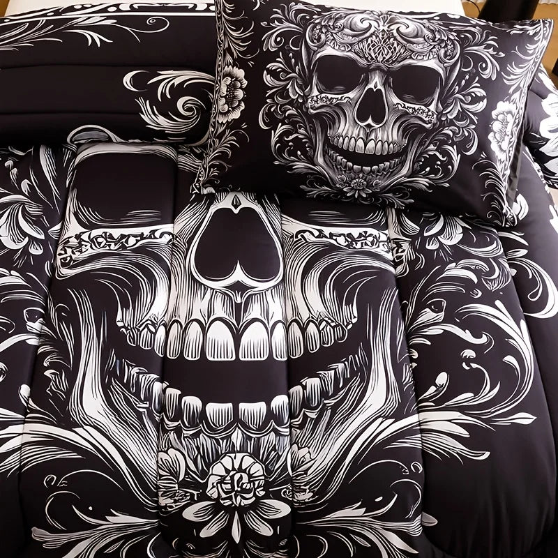 Housse de couette noire et blanche dans une chambre à déco gothique