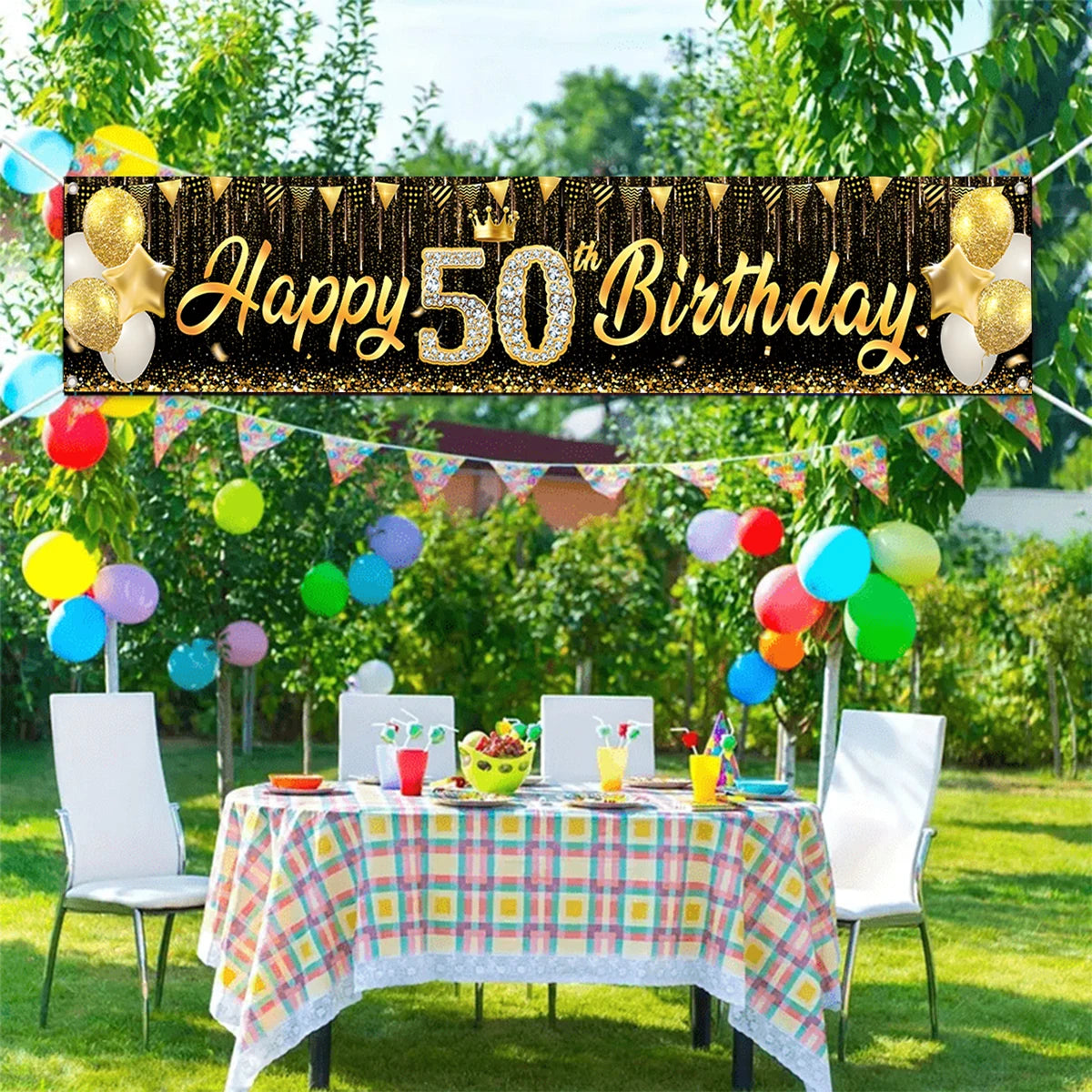 Bannière anniversaire or noir avec ballons