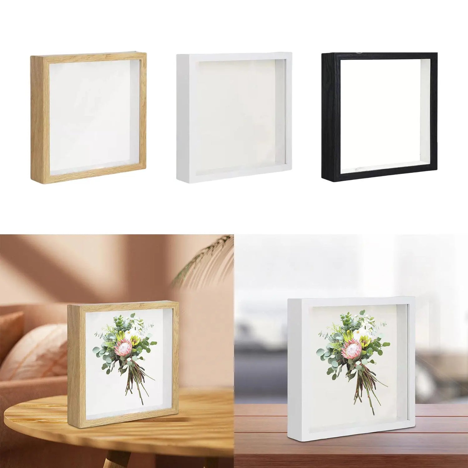 Cadre photo profond bois boîte d'ombre fleurs séchées ouvert