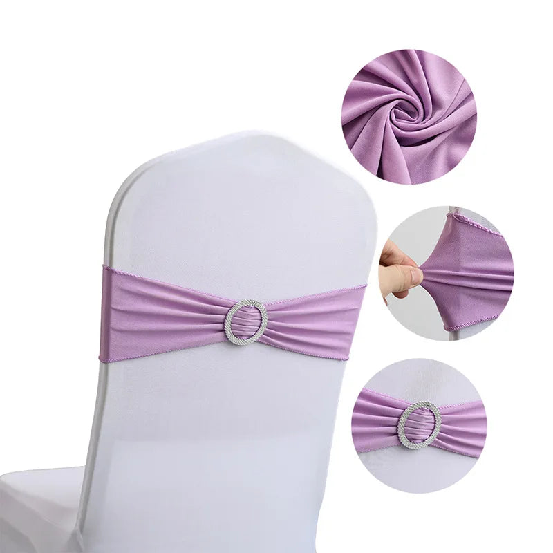 Housse de chaise de couleur lavande avec ceinture décorative ronde en argent