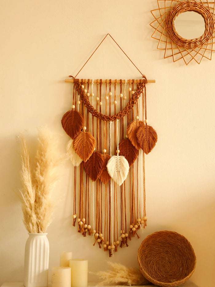 Tenture murale macramé feuille verte décoration boho faite main