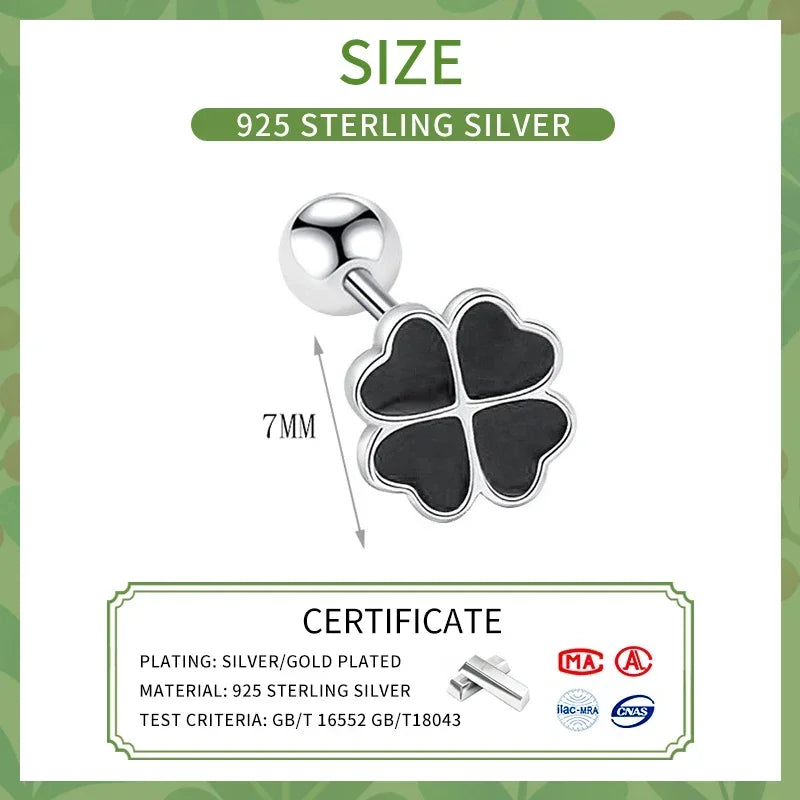 Boucles d'oreilles argent 925 trèfle porte-bonheur noir plante vue de côté