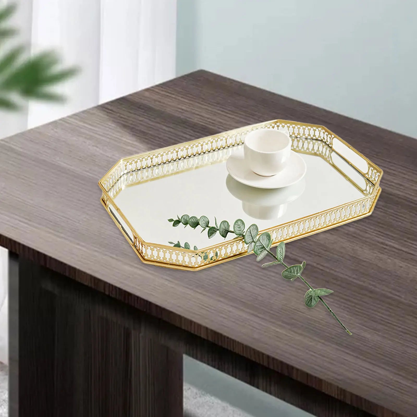 Plateau miroir vert pour organisation bijoux