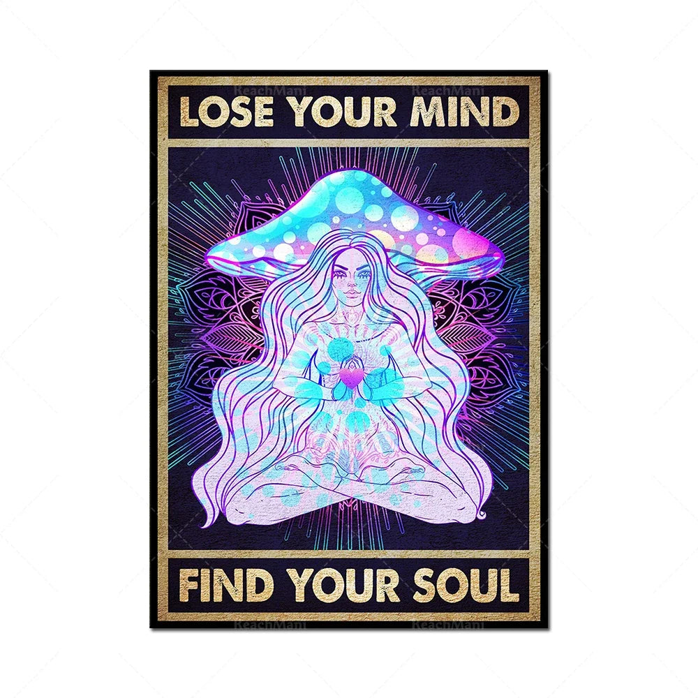 Perdez votre esprit, trouvez votre âme. Cette illustration psychédélique représente une femme aux cheveux longs dans une position de méditation, entourée de motifs colorés et abstraits.