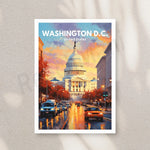 Une vue panoramique de la capitale des États-Unis, Washington D.C., avec son célèbre Capitole en arrière-plan sous un ciel coloré et animé par la circulation urbaine.