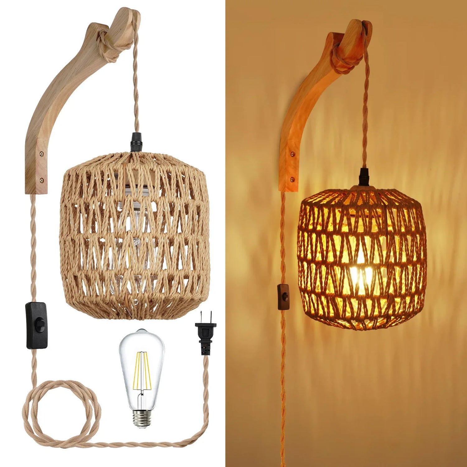Applique murale LED en rotin tissé blanc - Lampe de chevet rétro pour chambre
