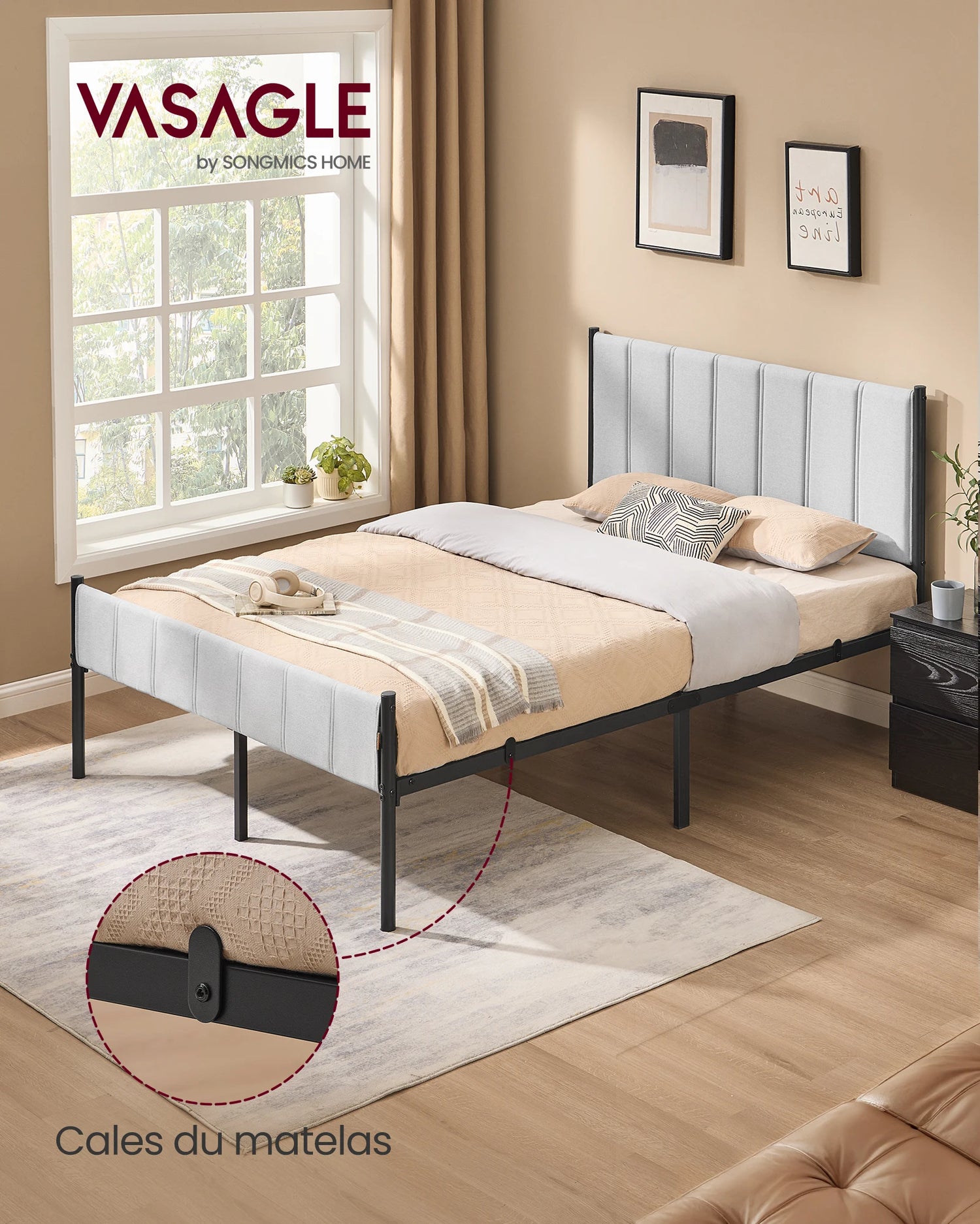 Cadre de lit double gris tourterelle avec tête de lit rembourrée, design minimaliste