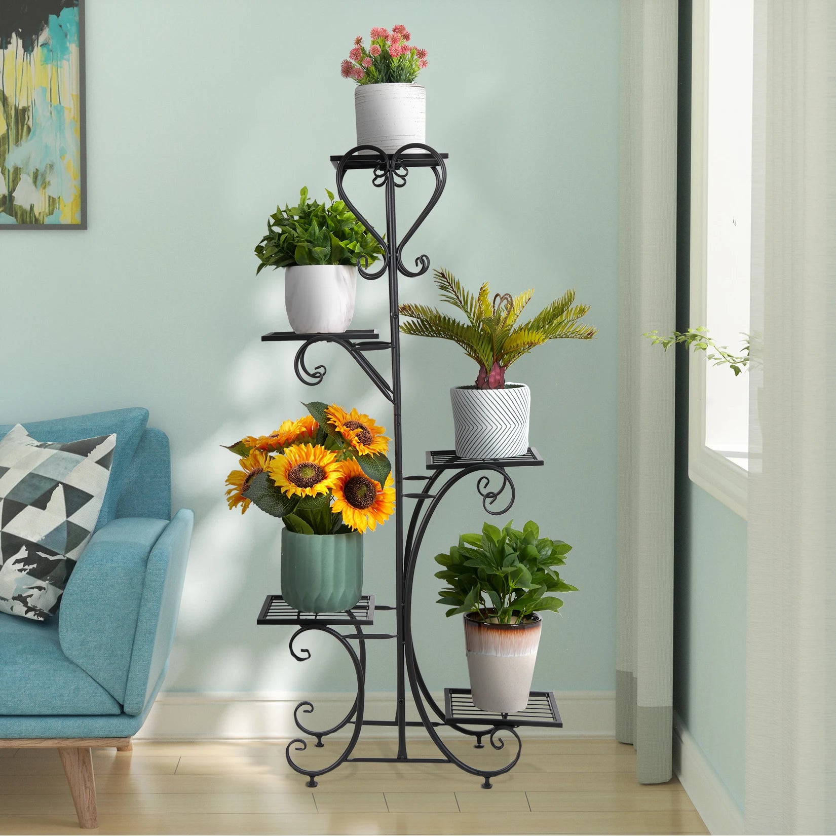 Étagère à plantes 5 niveaux en fer forgé noir vue de face