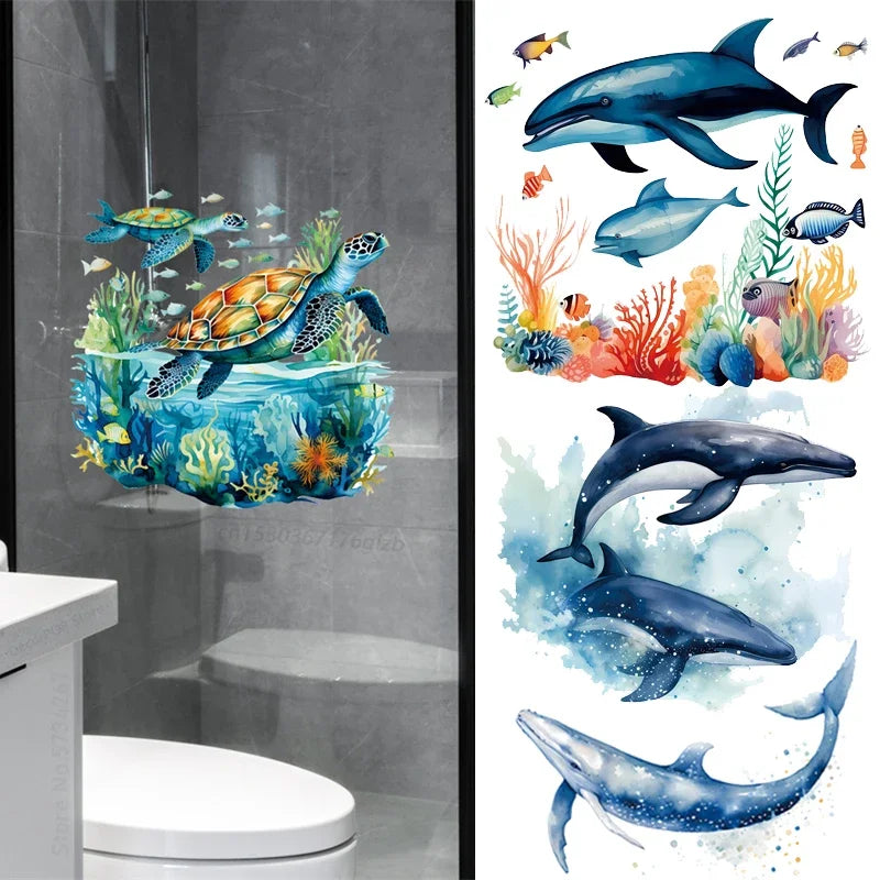 Autocollant mural animaux océan avec tortue et baleine pour salle de bains