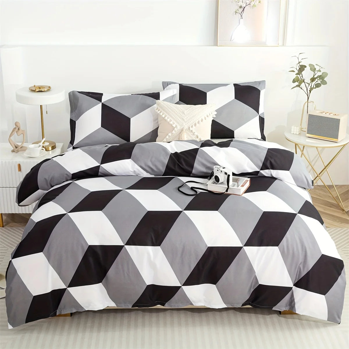 Housse de couette motifs géométriques blanc sur lit double
