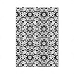 Motif géométrique noir et blanc aux formes rayonnantes et florales.