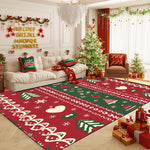 Un salon de Noël accueillant et joliment décoré, avec un grand sapin illuminé, des coussins festifs, des guirlandes et un tapis rouge motif de Noël.