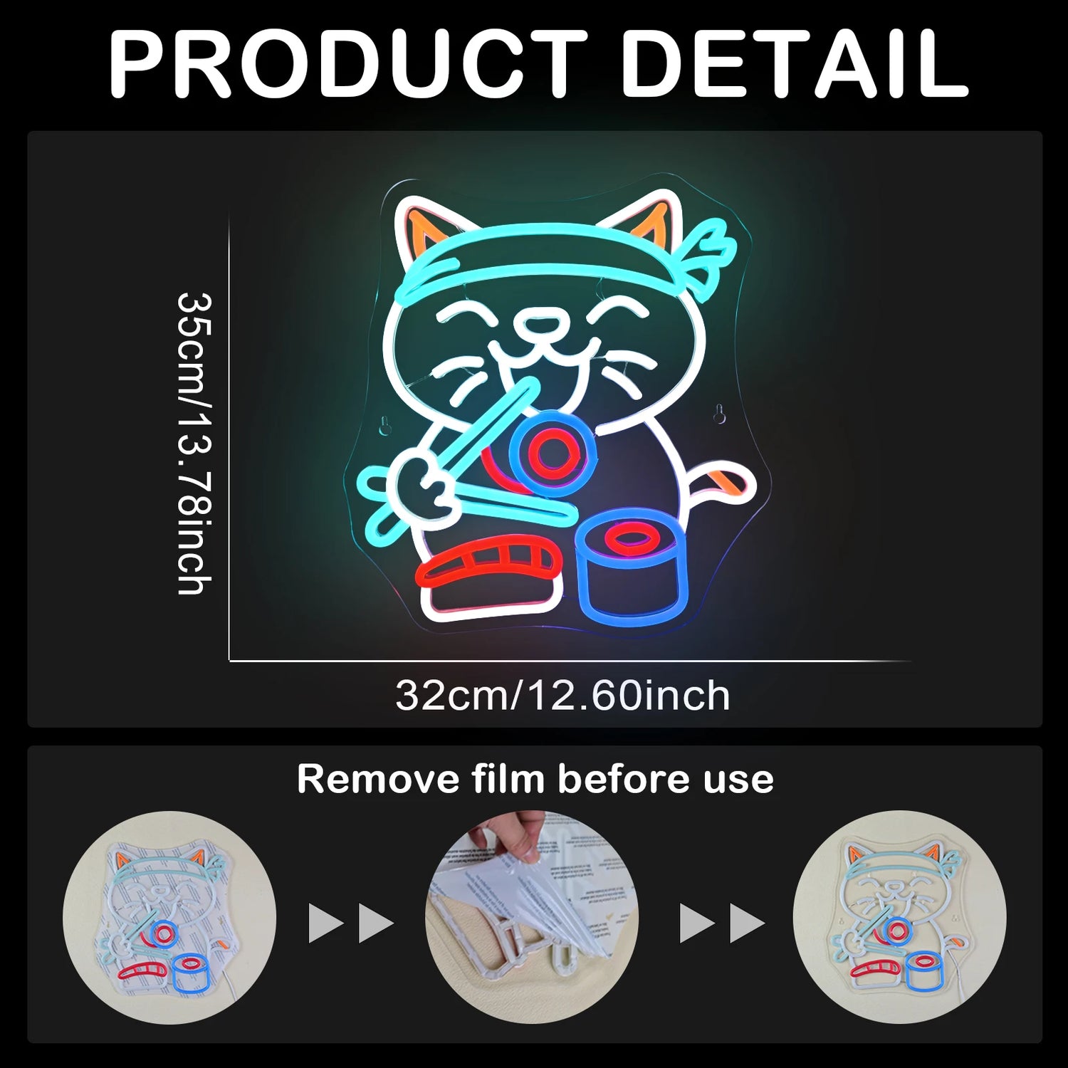 Panneau néon mural Sushi Chat éclairé en bleu dans une chambre moderne