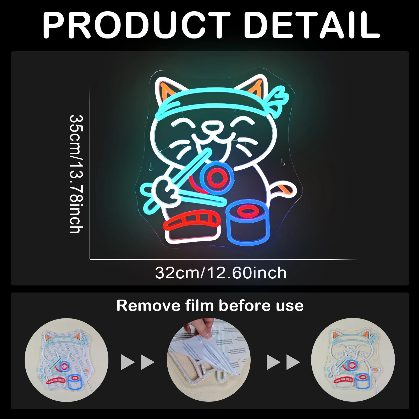 Panneau néon mural Sushi Chat éclairé en bleu dans une chambre moderne