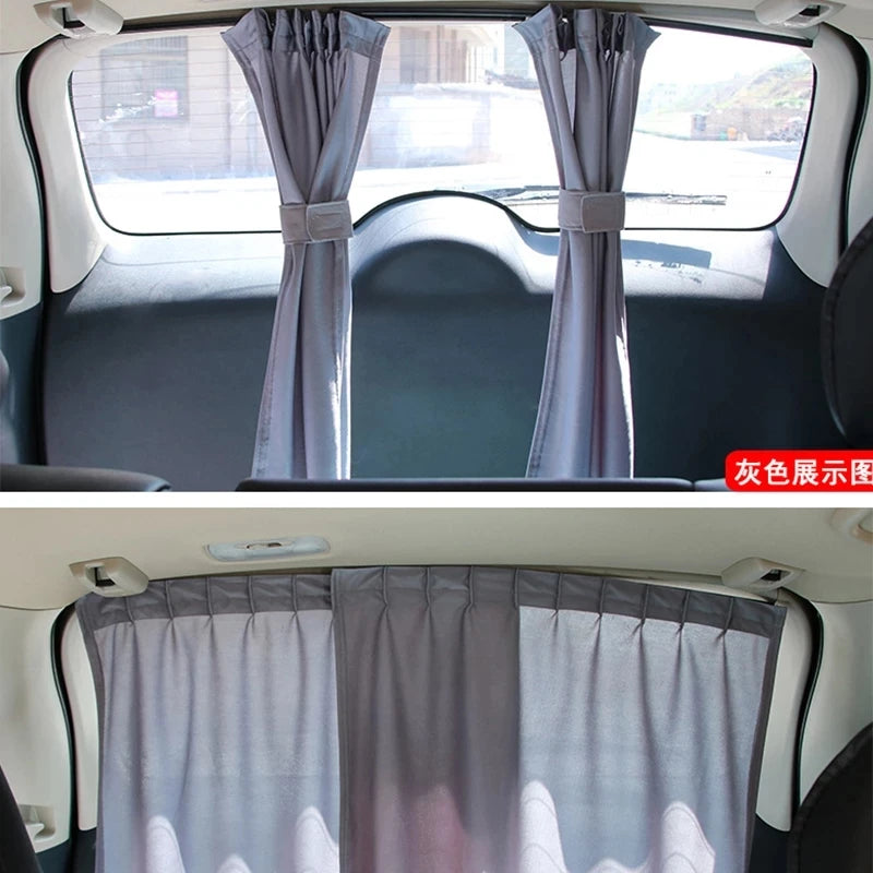 Rideau occultant violet déployé sur fenêtre latérale automobile