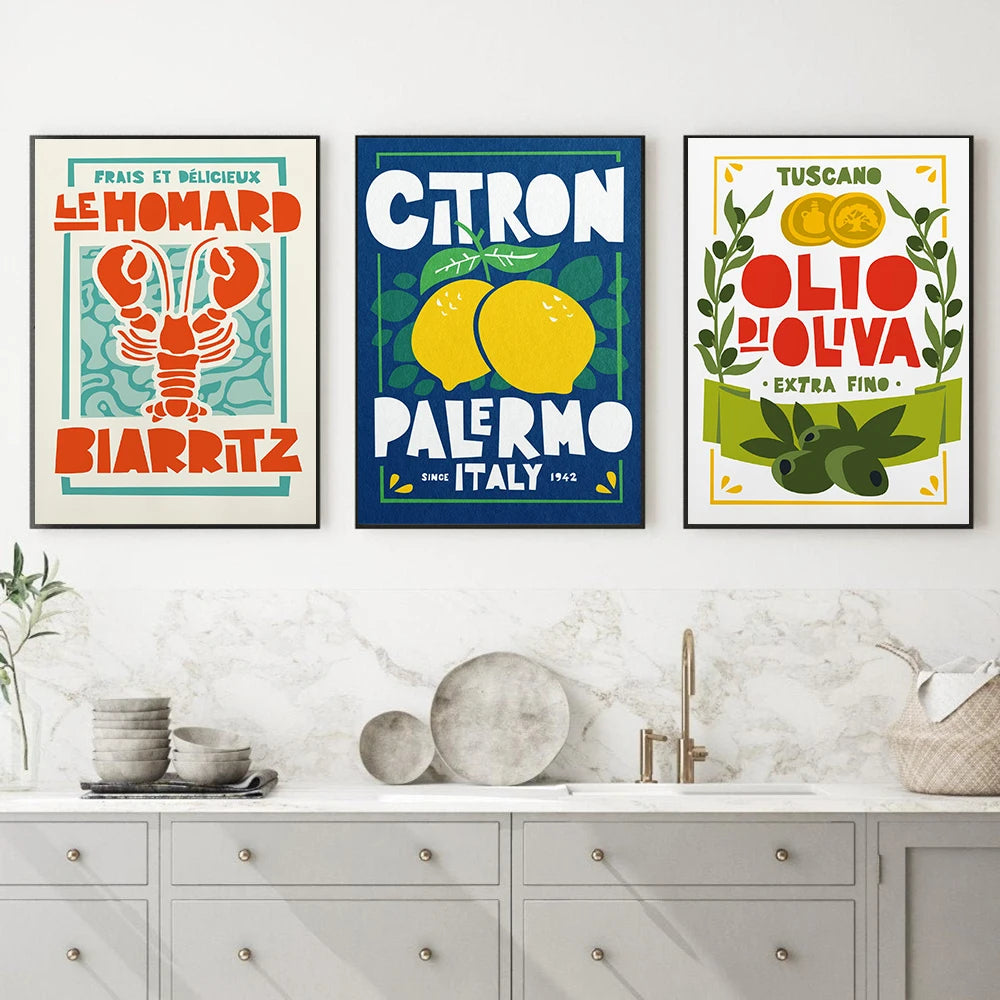 Affiche de cuisine italienne huile d'olive citrons sur toile