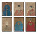 Série d'illustrations chinoises anciennes représentant des personnages historiques et religieux dans leurs tenues traditionnelles.